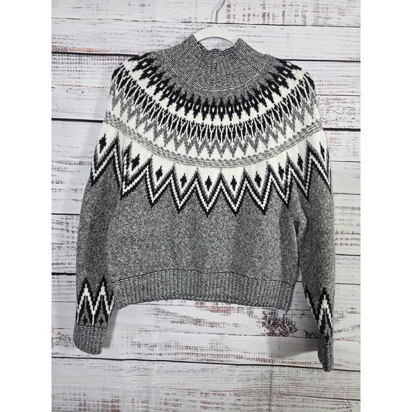 Old Navy Women's Fair Isle Sweater Gray Blk White Knit Pullover size Medium - Picture 1 of 4